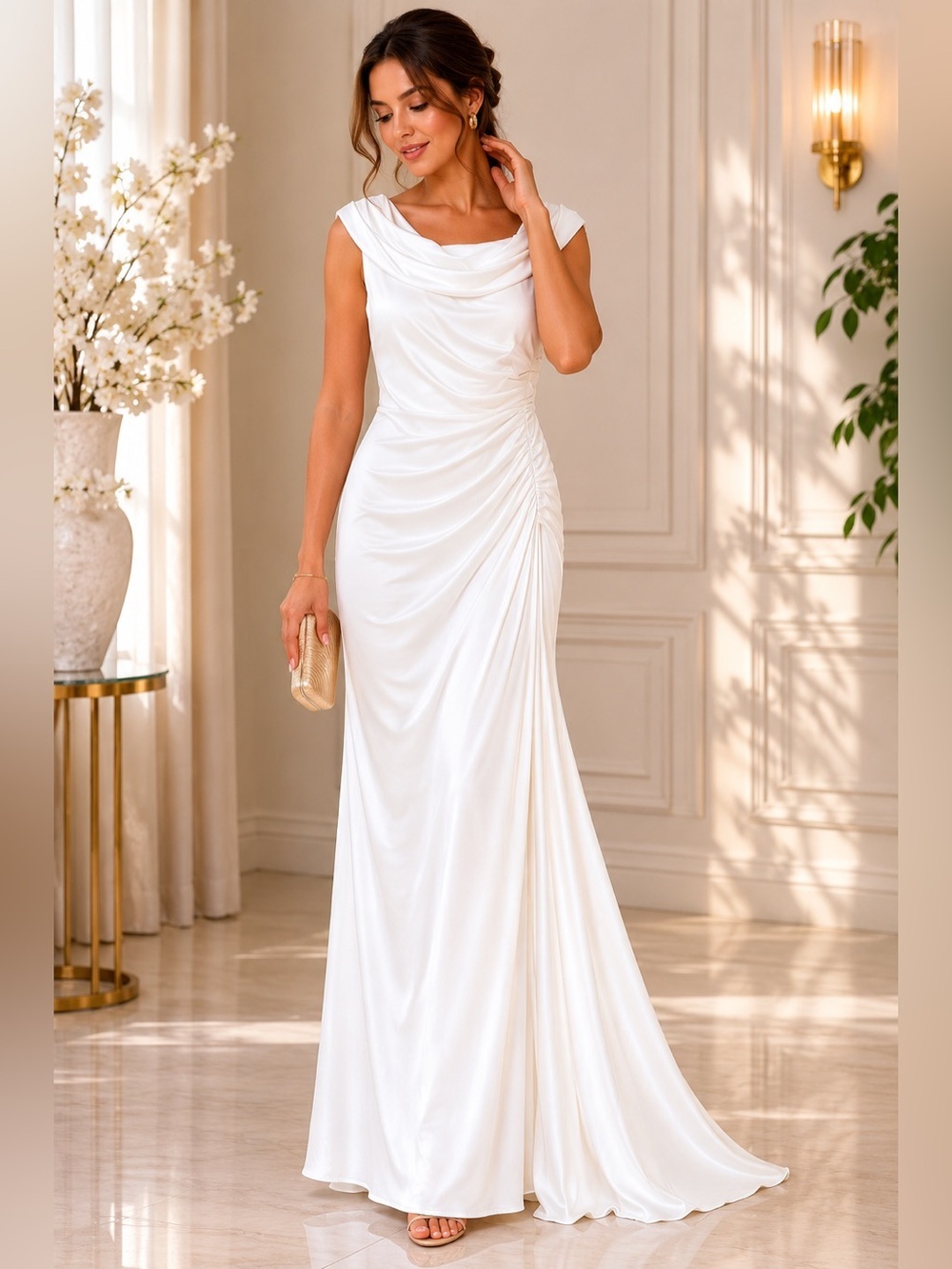 Mac Duggal Ivory Ruched Evening Gown | Draped Off-Shoulder Maxi Dress